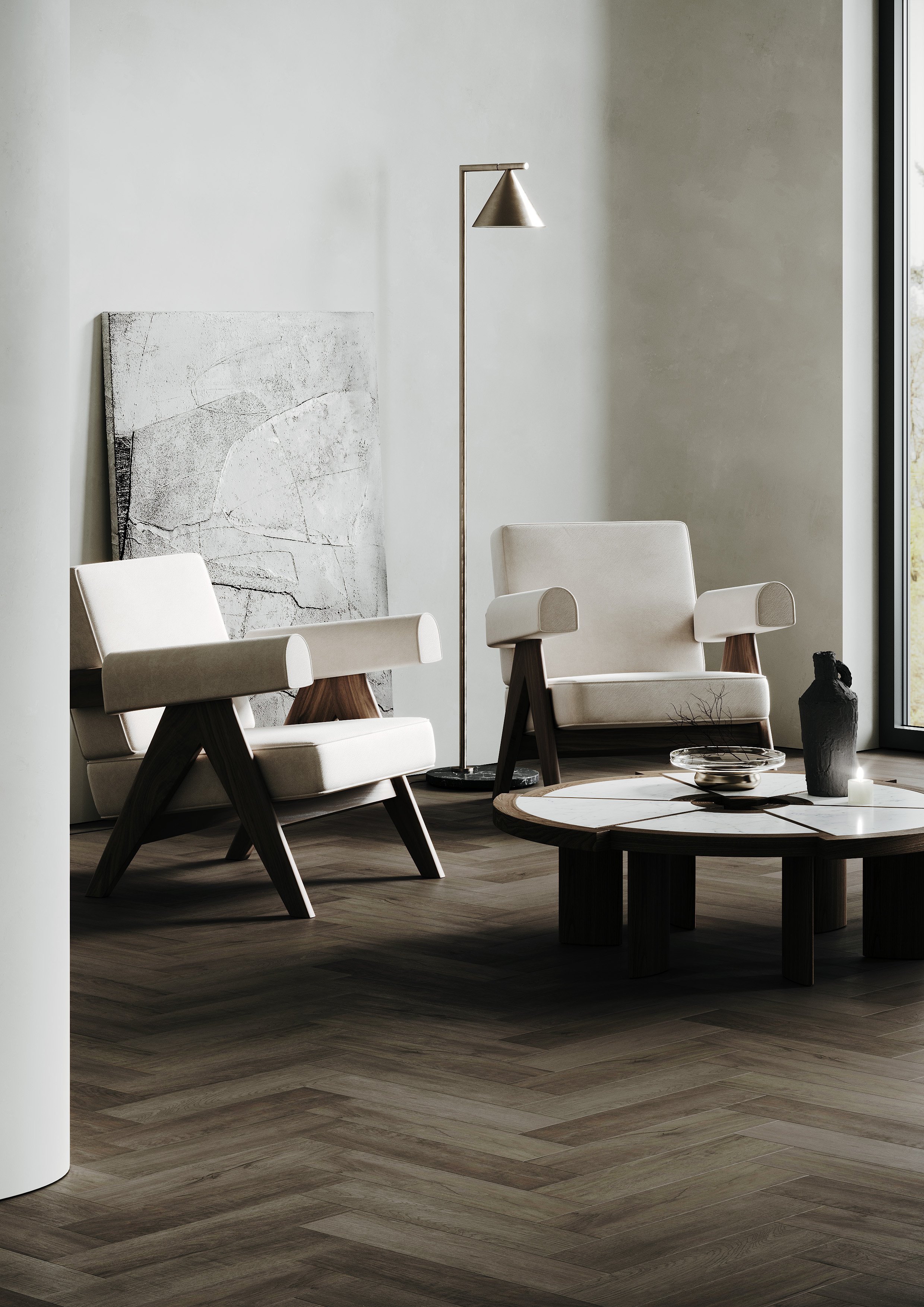 Кварцвиниловый SPC ламинат Home Expert Parquet Design Дуб Макиато 44-5001-3 венгерская елка 400×100×4,5 фото в интерьере